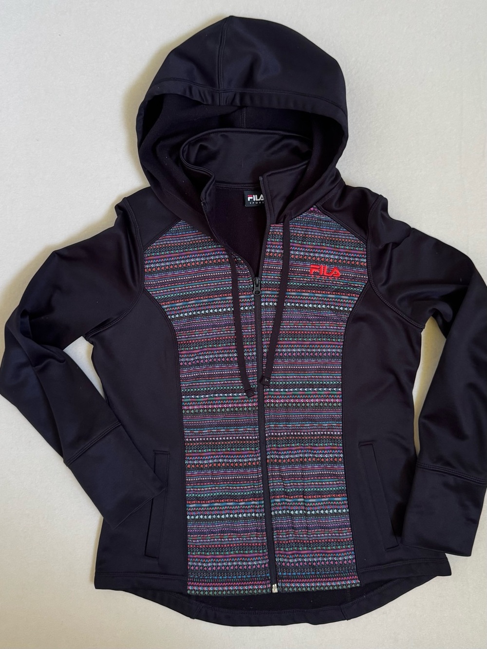 FILA Sport Hooded Softshell Jacket Black Tribal Print Full Zip Women’s Small